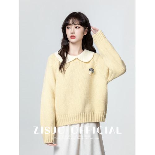 黃色娃娃領毛衣女加厚2026秋冬新款設計感寬鬆撞色繙領針織衫上衣