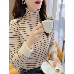 半高領木耳邊加厚一體絨條紋毛衣女秋冬季寬松顯瘦內搭針織打底衫