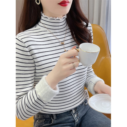 半高領木耳邊加厚一體絨條紋毛衣女秋冬季寬松顯瘦內搭針織打底衫