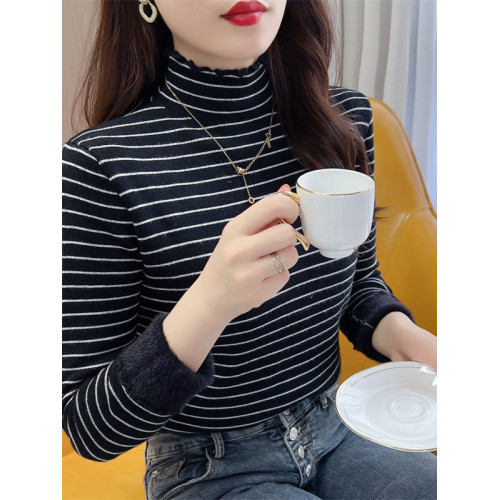 半高領木耳邊加厚一體絨條紋毛衣女秋冬季寬松顯瘦內搭針織打底衫