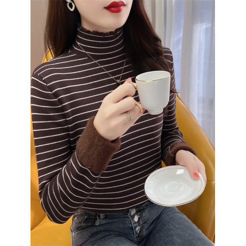 半高領木耳邊加厚一體絨條紋毛衣女秋冬季寬松顯瘦內搭針織打底衫