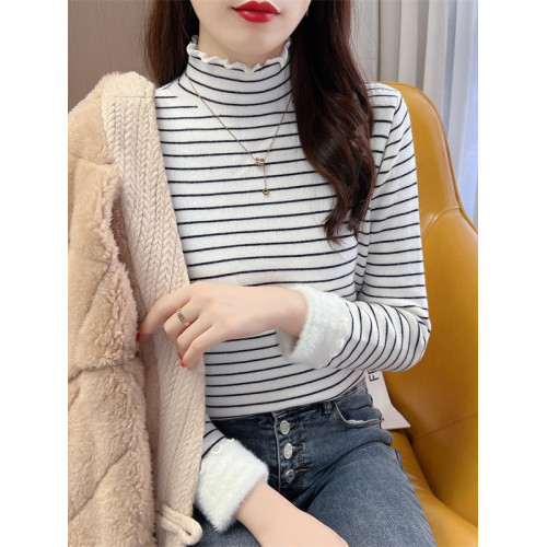 半高領木耳邊加厚一體絨條紋毛衣女秋冬季寬松顯瘦內搭針織打底衫