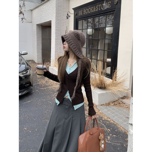 PPHOME撞色拼接V領長袖針織衫女秋季假兩件毛衣韓系小衆修身上衣