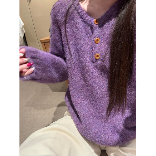 韓系針織衫毛絨感套頭半開圓領毛衣2025秋冬款純色寬松慵懶風上衣