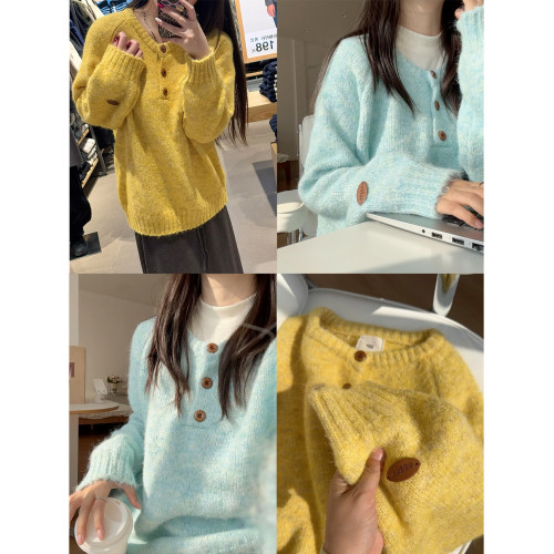 韓系針織衫毛絨感套頭半開圓領毛衣2025秋冬款純色寬松慵懶風上衣