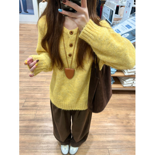 韓系針織衫毛絨感套頭半開圓領毛衣2025秋冬款純色寬松慵懶風上衣