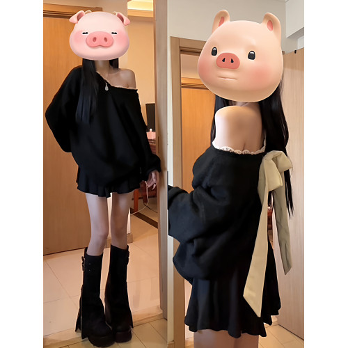 黑色v領蝴蝶結毛衣女秋冬2025新款慵懶風露肩針織上衣設計感小衆