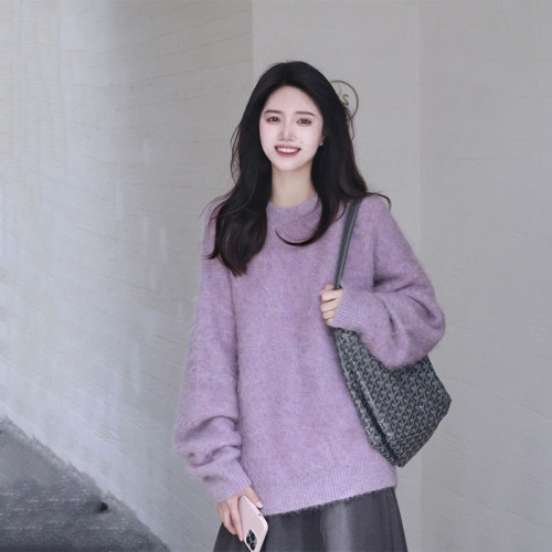 慵懶風軟糯紫色毛衣女秋冬季2025新款高級感小衆設計感小個子秋裝