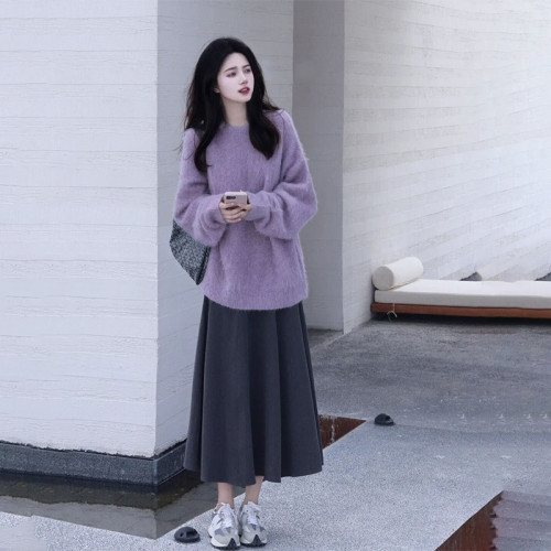 慵懶風軟糯紫色毛衣女秋冬季2025新款高級感小衆設計感小個子秋裝