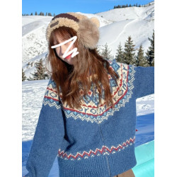 復古藍色費爾島毛衣外套女秋冬季2025新款慵懶風高領針織開衫上衣