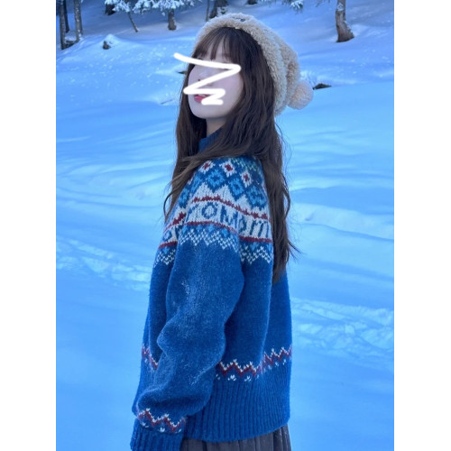 復古藍色費爾島毛衣外套女秋冬季2025新款慵懶風高領針織開衫上衣