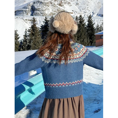 復古藍色費爾島毛衣外套女秋冬季2025新款慵懶風高領針織開衫上衣