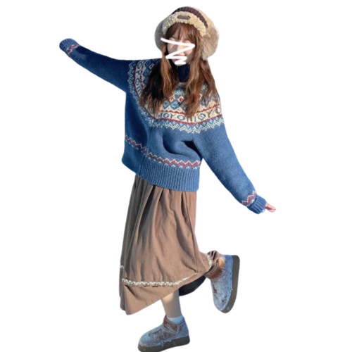 復古藍色費爾島毛衣外套女秋冬季2025新款慵懶風高領針織開衫上衣