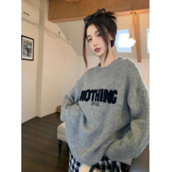 灰色字母刺綉圓領長袖針織衫女秋冬季寬鬆打底衫套頭上衣外穿毛衣