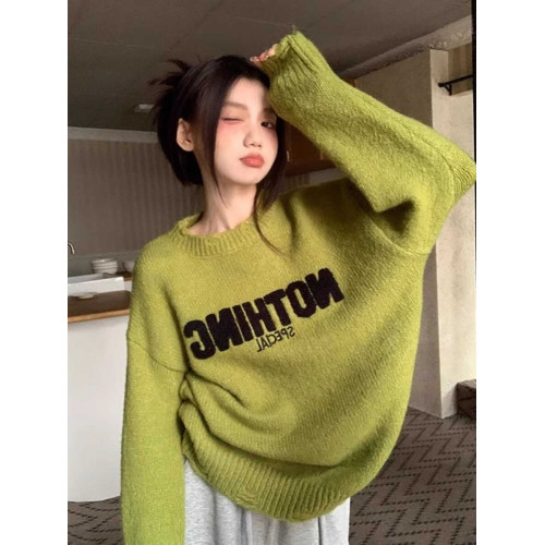 灰色字母刺綉圓領長袖針織衫女秋冬季寬鬆打底衫套頭上衣外穿毛衣