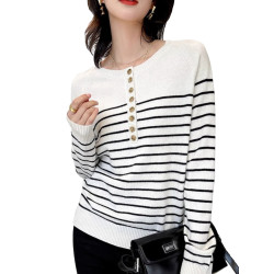 法式2025年新款秋季羊絨衫女薄款寬鬆圓領羊毛條紋上衣打底毛衣