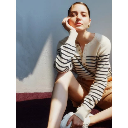 法式2025年新款秋季羊絨衫女薄款寬鬆圓領羊毛條紋上衣打底毛衣