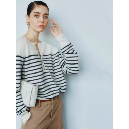 法式2025年新款秋季羊絨衫女薄款寬鬆圓領羊毛條紋上衣打底毛衣