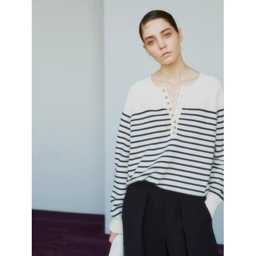 法式2025年新款秋季羊絨衫女薄款寬鬆圓領羊毛條紋上衣打底毛衣