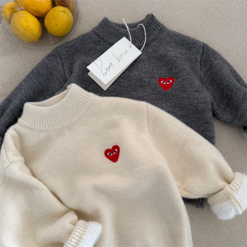 布呐呐兒2024童加絨毛衣冬季新品男女寶寶加厚愛心條紋高領毛衣潮