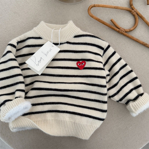 布呐呐兒2024童加絨毛衣冬季新品男女寶寶加厚愛心條紋高領毛衣潮