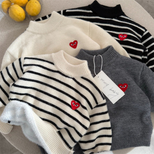 布呐呐兒2024童加絨毛衣冬季新品男女寶寶加厚愛心條紋高領毛衣潮