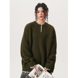 BWKA美式慵懶風亨利領毛衣女男春季復古vintage高級感情侶針織衫