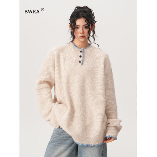 BWKA美式慵懶風亨利領毛衣女男春季復古vintage高級感情侶針織衫