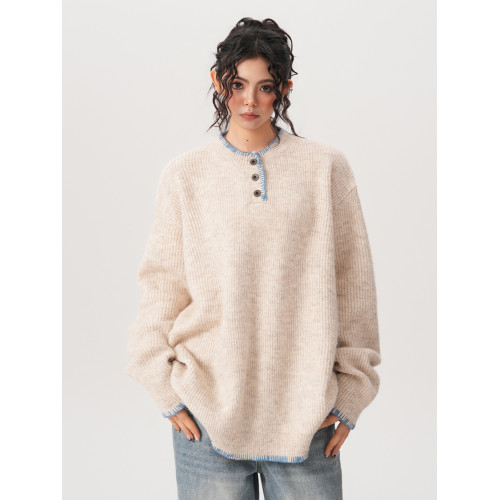 BWKA美式慵懶風亨利領毛衣女男春季復古vintage高級感情侶針織衫