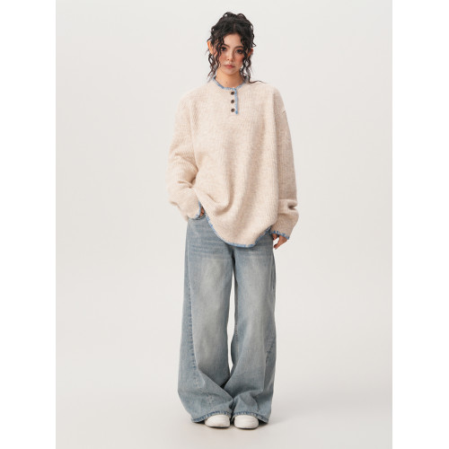 BWKA美式慵懶風亨利領毛衣女男春季復古vintage高級感情侶針織衫