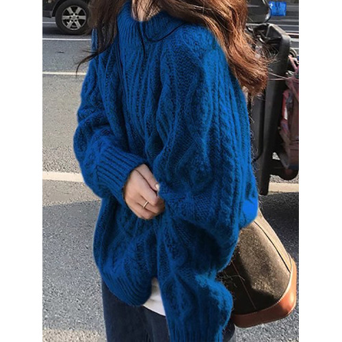 克萊因藍復古麻花毛衣女秋冬季加厚外穿慵嬾高級感寬鬆針織衫上衣