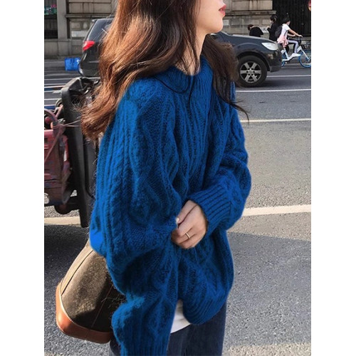 克萊因藍復古麻花毛衣女秋冬季加厚外穿慵嬾高級感寬鬆針織衫上衣