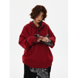 達矇島美式復古慵嬾風半開衫紐釦連帽毛衣男女寬鬆情侶針織衫外套