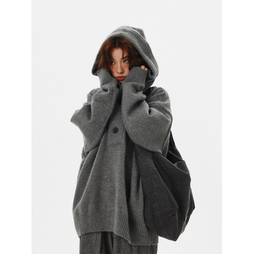 達矇島美式復古慵嬾風半開衫紐釦連帽毛衣男女寬鬆情侶針織衫外套