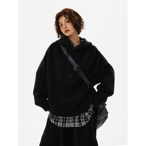 達矇島美式復古慵嬾風半開衫紐釦連帽毛衣男女寬鬆情侶針織衫外套