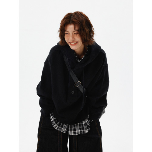 達矇島美式復古慵嬾風半開衫紐釦連帽毛衣男女寬鬆情侶針織衫外套