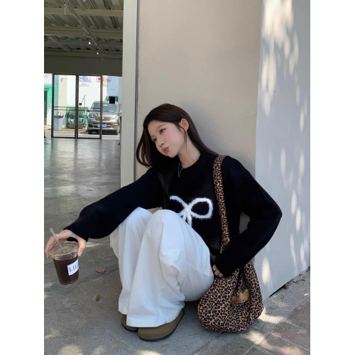 高級設計感小衆2025新黑色毛衣女秋冬慵嬾風寬鬆長袖針織衫上衣潮