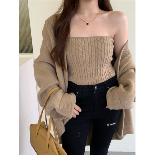 chic復古純欲風麻花裹胸吊帶背心女+寬鬆針織開衫毛衣外套兩件套