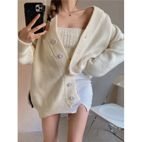 chic復古純欲風麻花裹胸吊帶背心女+寬鬆針織開衫毛衣外套兩件套