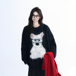 【坐吃山空】可愛小狗提花仿水貂絨毛衣女秋冬慵懶風軟糯針織衫潮