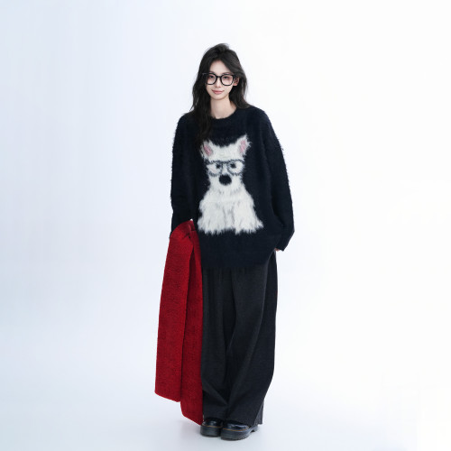 【坐吃山空】可愛小狗提花仿水貂絨毛衣女秋冬慵懶風軟糯針織衫潮