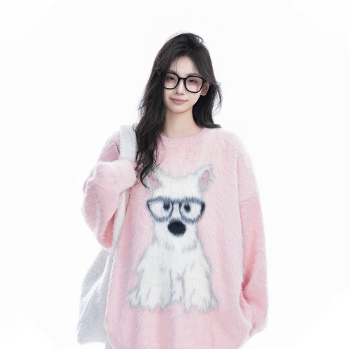 【坐吃山空】可愛小狗提花仿水貂絨毛衣女秋冬慵懶風軟糯針織衫潮