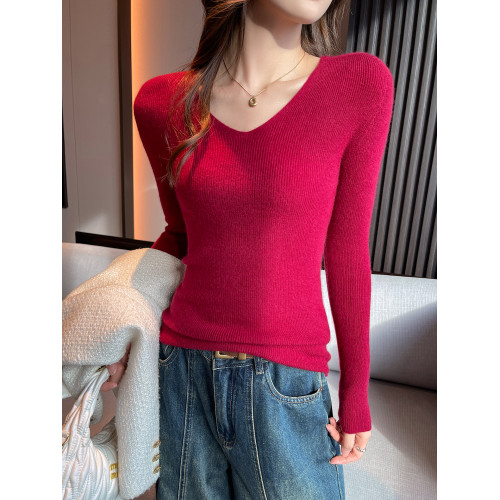 無縫一體都市休閒V領針織打底衫女修身顯瘦長袖秋冬緊身內搭毛衣