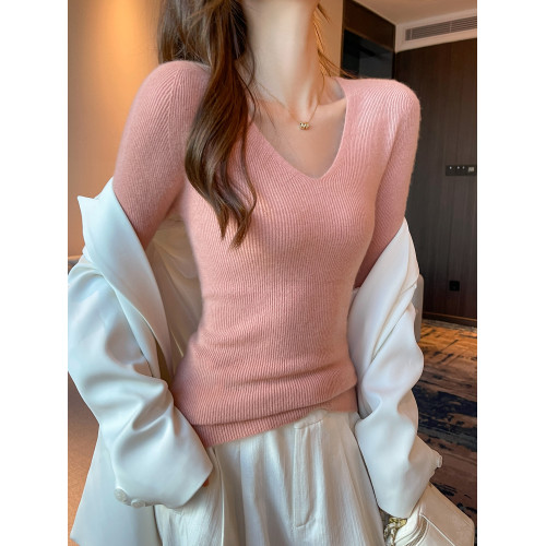 無縫一體都市休閒V領針織打底衫女修身顯瘦長袖秋冬緊身內搭毛衣