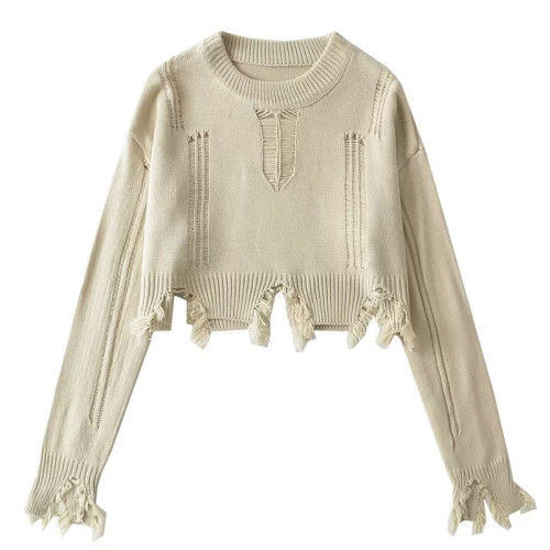 設計感個性破洞流蘇毛邊剪爛針織衫短款寬鬆時尚高級圓領毛衣罩衫