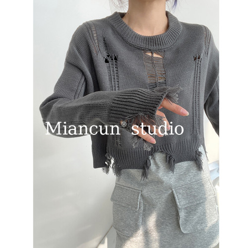 設計感個性破洞流蘇毛邊剪爛針織衫短款寬鬆時尚高級圓領毛衣罩衫