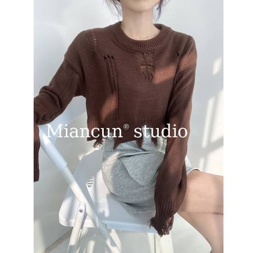 設計感個性破洞流蘇毛邊剪爛針織衫短款寬鬆時尚高級圓領毛衣罩衫