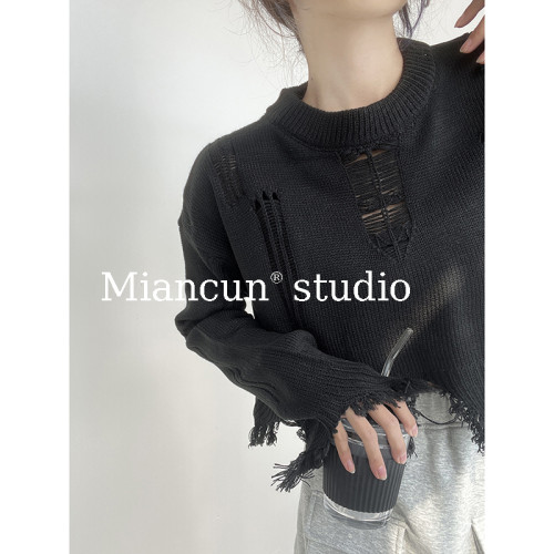 設計感個性破洞流蘇毛邊剪爛針織衫短款寬鬆時尚高級圓領毛衣罩衫