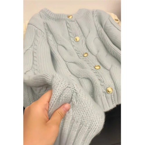 小香風藍色麻花浣熊絨毛衣針織開衫女秋冬寬松慵懶風軟糯上衣外套