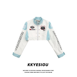 KKyesiou美式復古機車風辣妹短款皮衣小外套女立領高腰刺綉棒球服